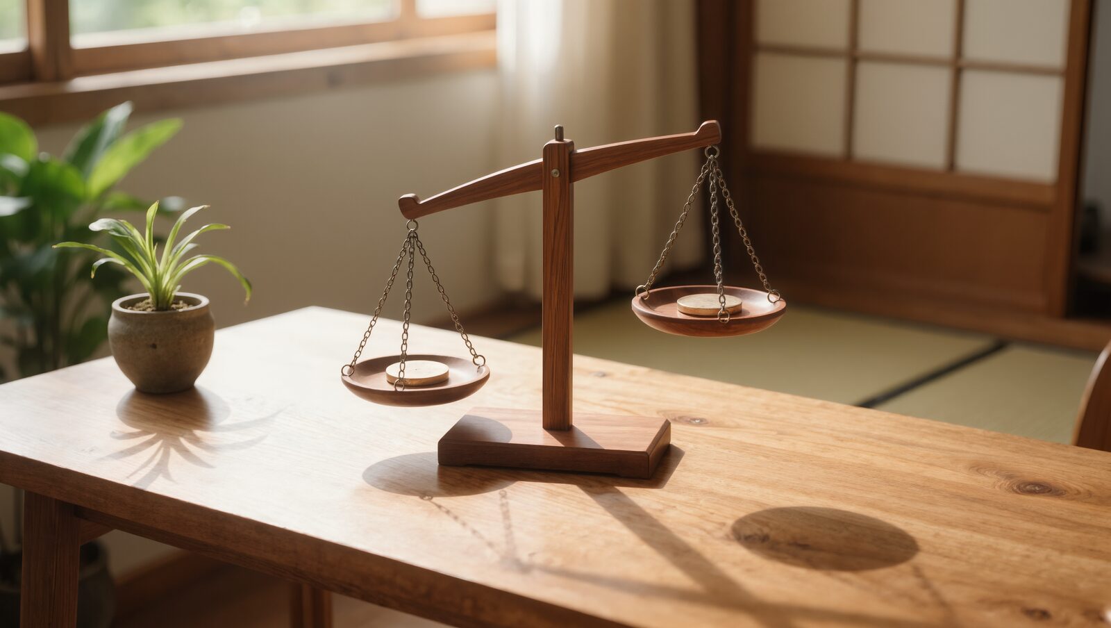 Small wooden balance scale on a sunlit desk in a Japanese room