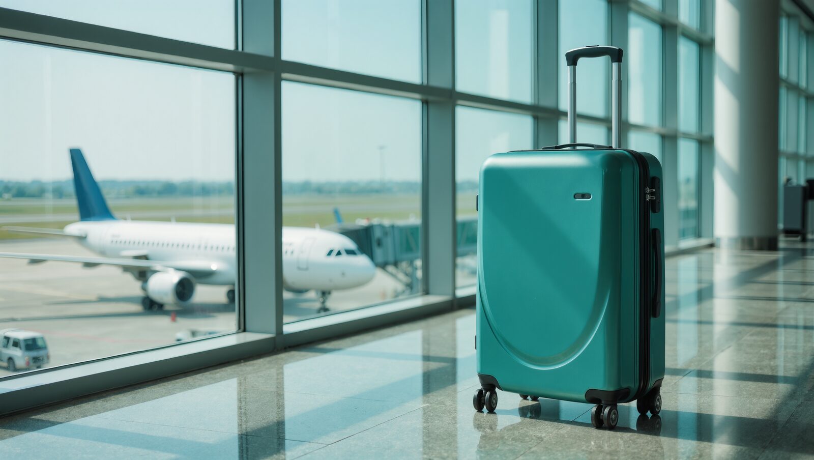 Teal suitcase by a bright airport window with a plane outside