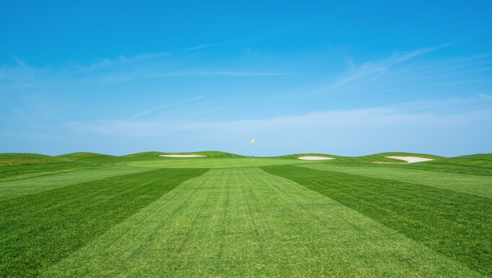 Striped fairway leading to a green under a clear blue sky