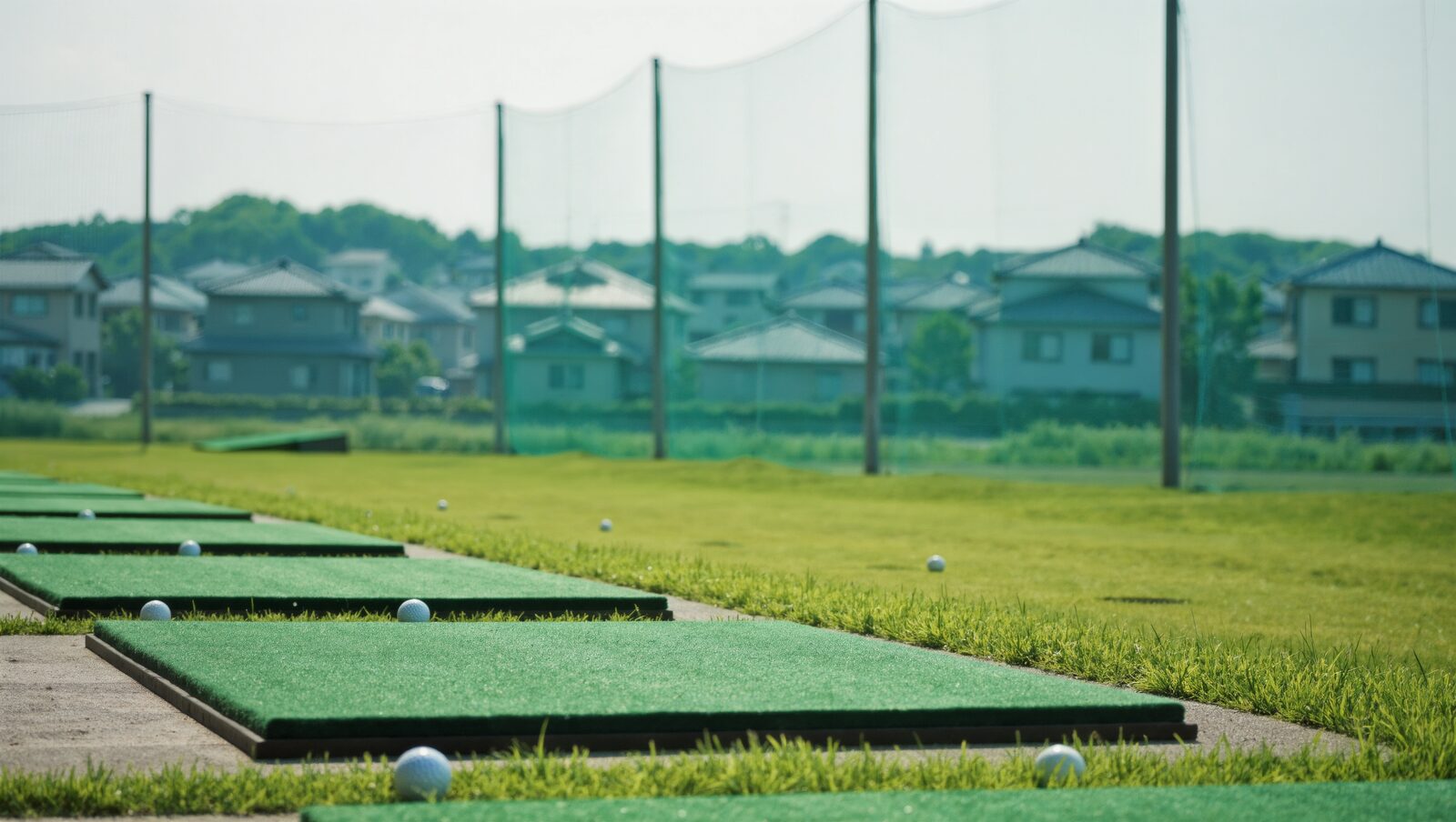 Empty driving range mats with a quiet Japanese neighborhood behind