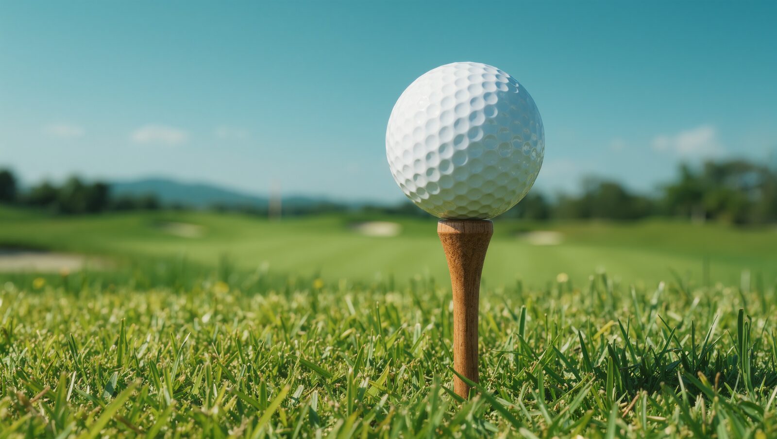 White golf ball on a wooden tee over green grass